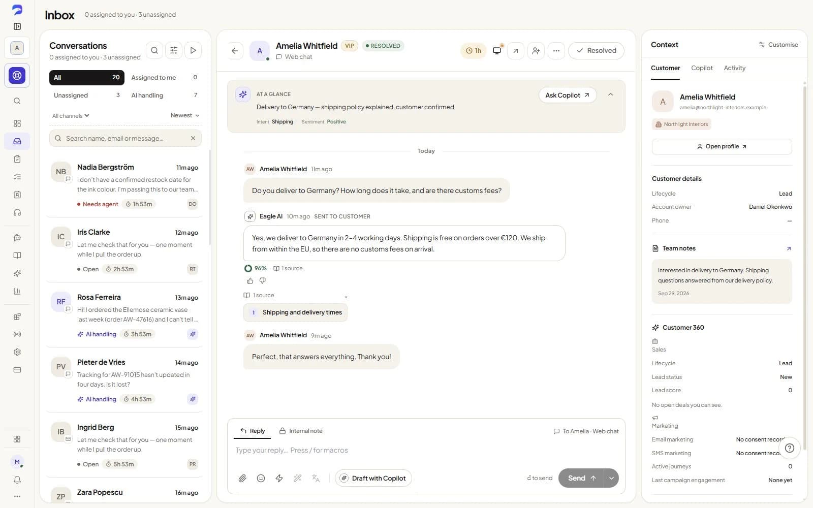 The support inbox in CustomerEagle with conversations from chat, email and social channels.