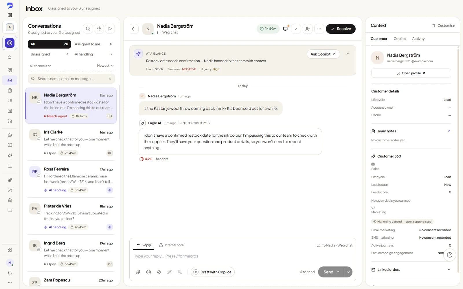 The support inbox in CustomerEagle with conversations from chat, email and social channels.
