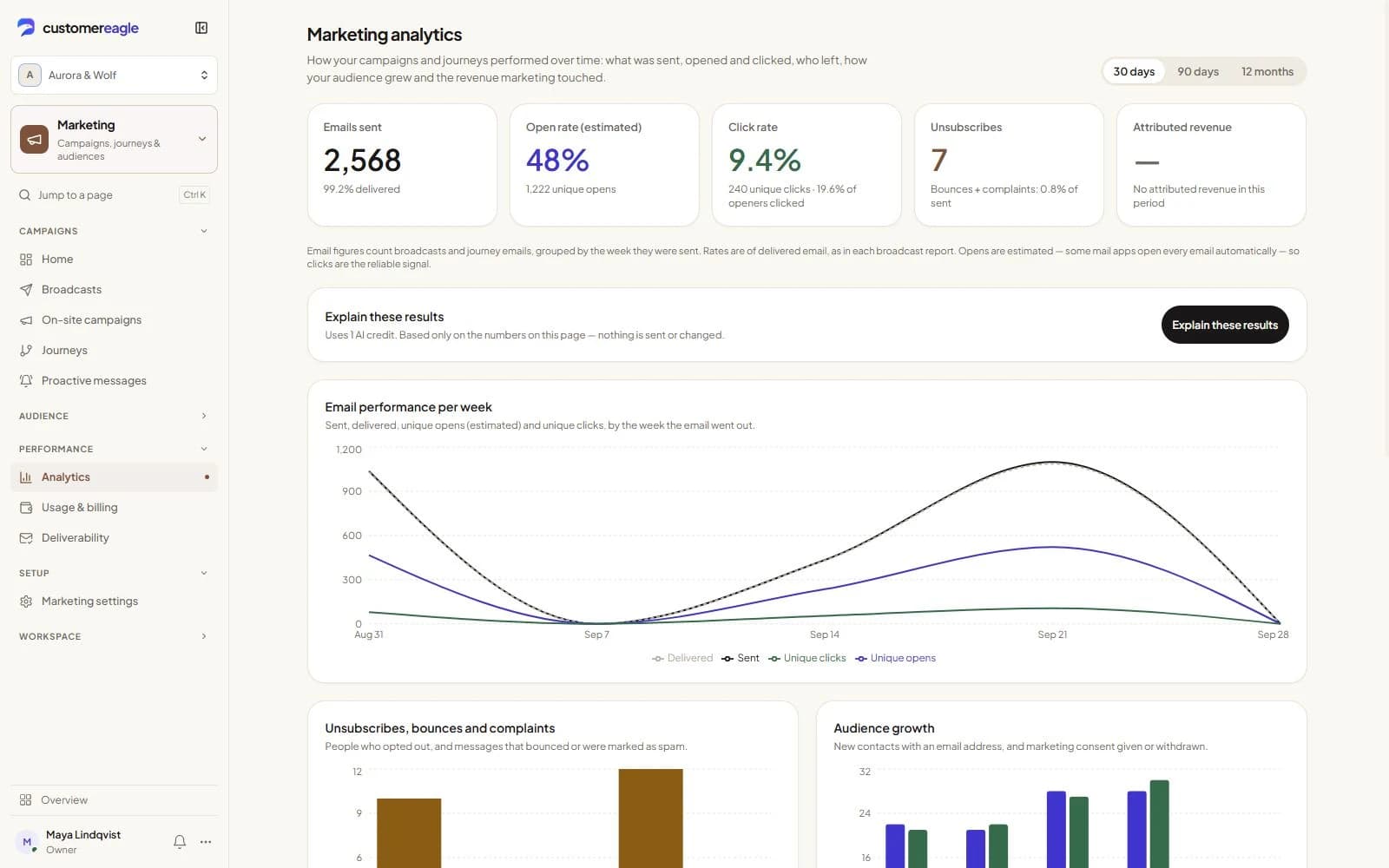 Marketing analytics showing email performance, engagement and audience growth