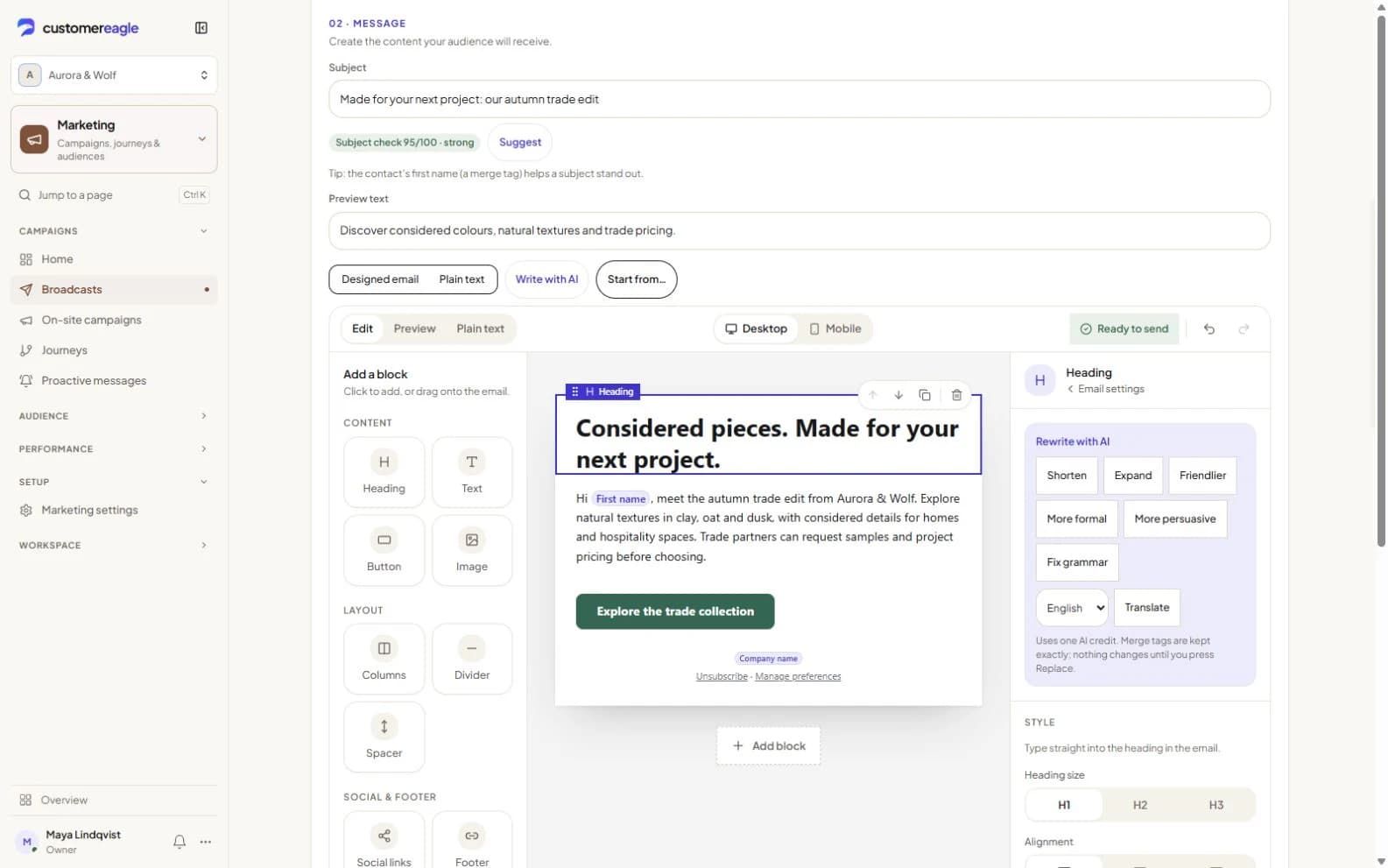 The block email editor with an autumn trade offer and its live preview.