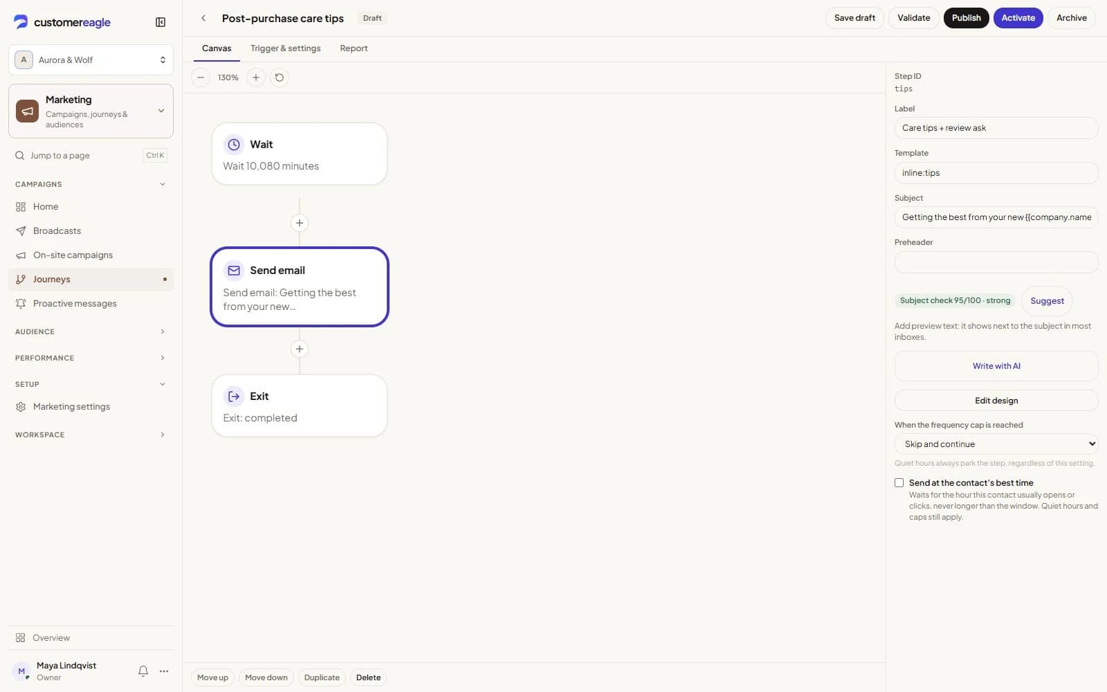 A post-purchase journey in the current editor, with wait, email and exit steps and email settings.