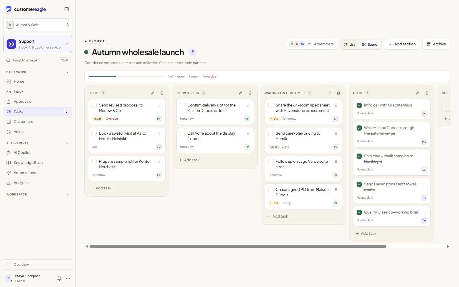 Current board for the fictional Autumn wholesale launch project, showing tasks grouped by status