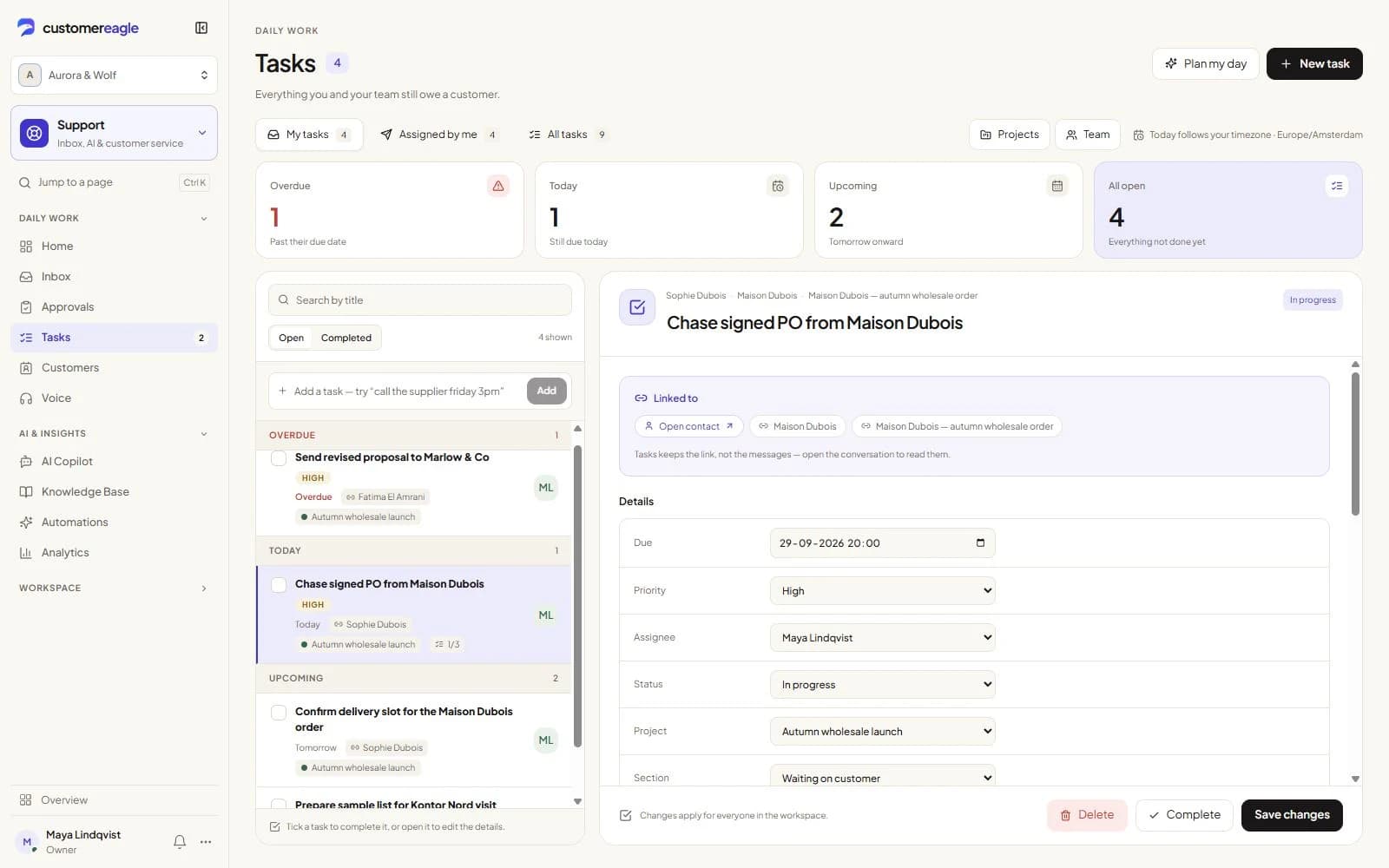 Task detail for a Maison Dubois follow-up, linked to a customer and order, with due date, priority and owner