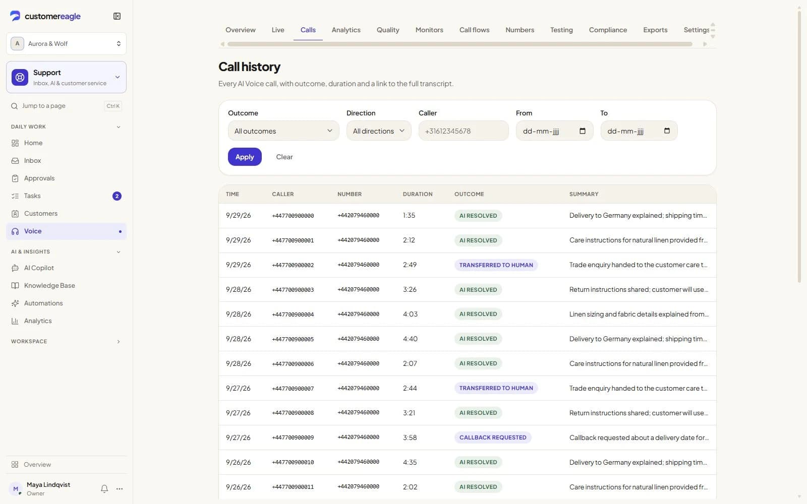 Current CustomerEagle Voice call history with fictional completed calls, outcomes and summaries.