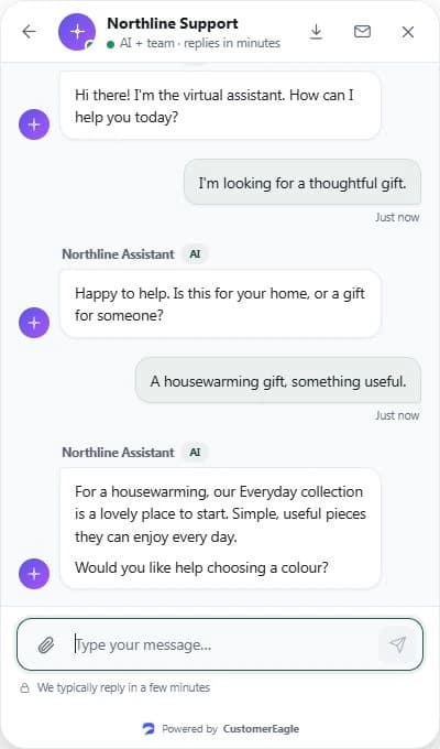 Actual CustomerEagle chat view with a scripted conversation about a housewarming gift