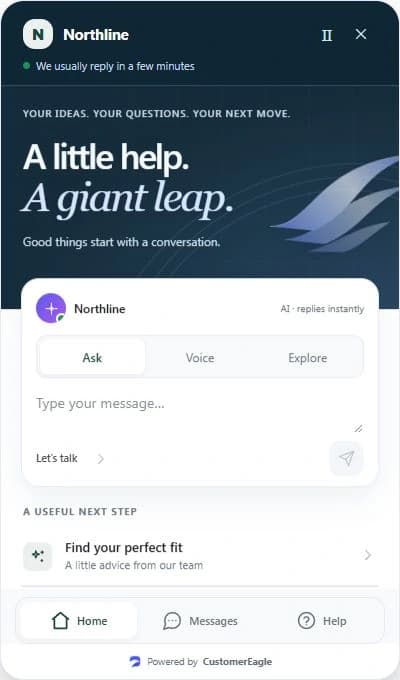 CustomerEagle website widget with flight artwork, Ask, Voice and Explore tabs, and a home-screen composer