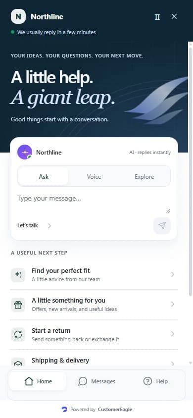 Full-screen mobile CustomerEagle widget with the flight hero, composer and configured actions